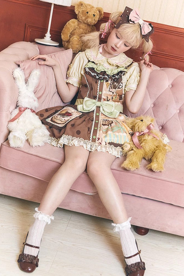 Brown Cake Chocolate Dessert Printed Ruffled Bow Sweet Lolita Strap Dress