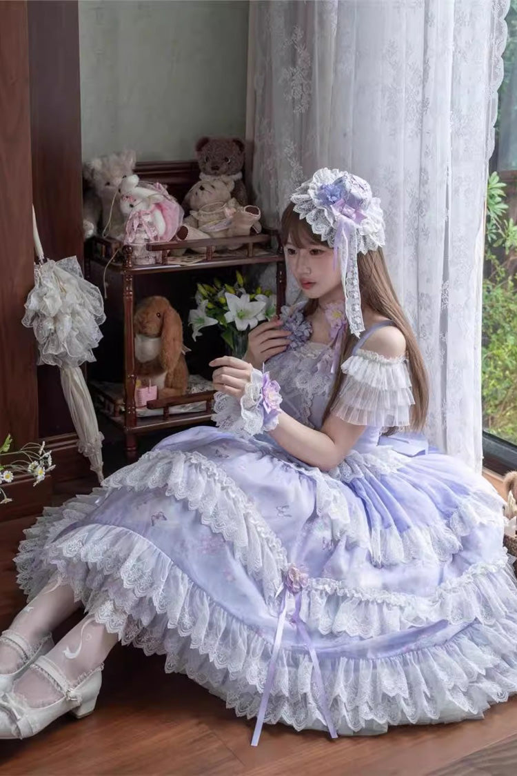 Violet Lavender Sleeveless Multi Printed Ruffled Bow Lace-Up JSK Set