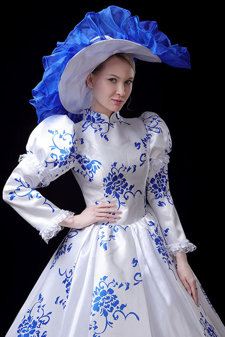 Cerulean and Ivory Porcelain Print Stand Collar High Waist Victorian Lolita Evening Dress