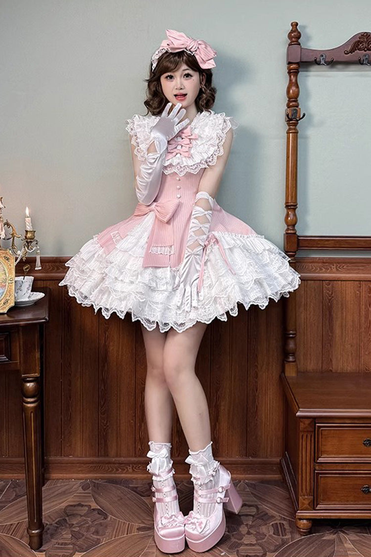 Pink Asymmetric Lace Bow Sleeveless Multi-Layer Ruffle Sweet Lolita Dress - Miss Tsundere