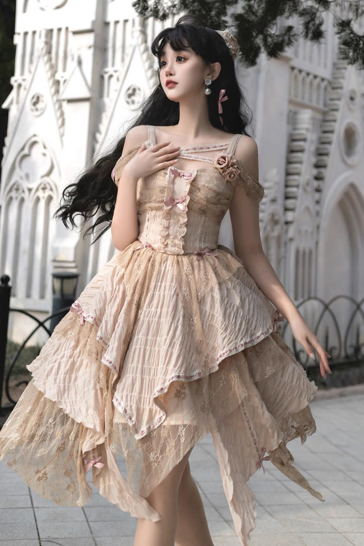 Yellow Sleeveless High-Waist Print Asymmetric Sweet Lolita JSK