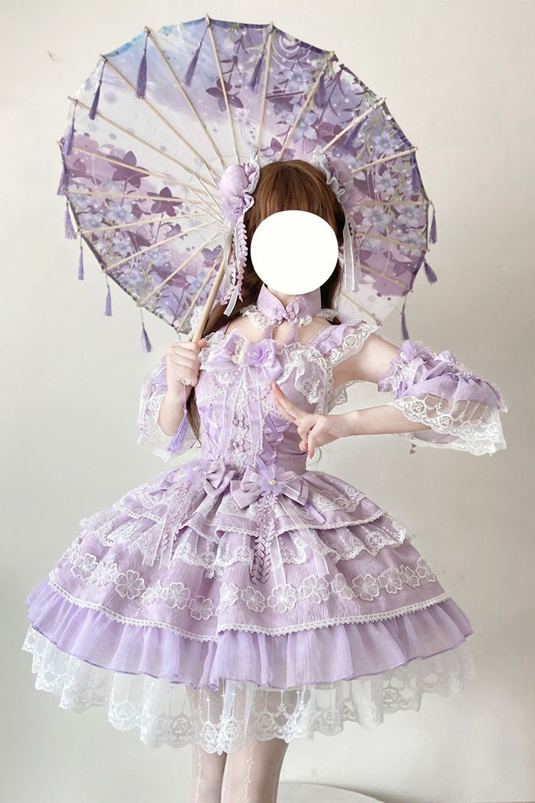 Violet Peach Rain Sleeveless Tiered Bow Lace Chinese Lolita JSK