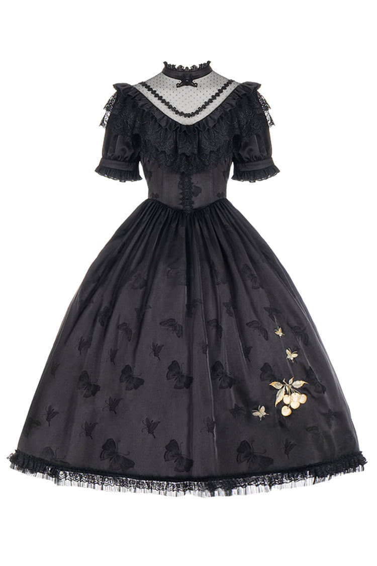 Black Daisy Print Gothic Dress with Cherry Embroidery