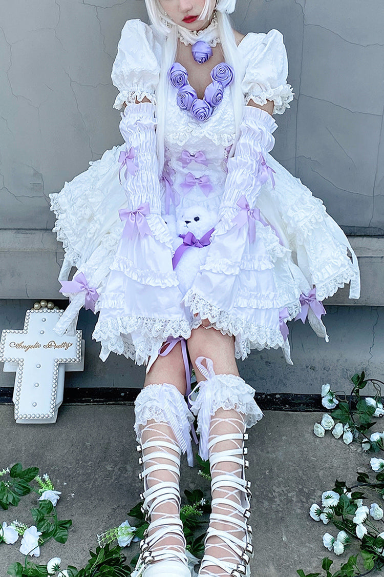 Ivory and Purple Puffed Short Sleeve Princess Gothic Lolita Tiered Dress