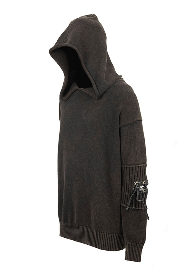 Worn-Out Elbow Leather Strip Lace-Up Hooded Coarse Knit Punk Sweater