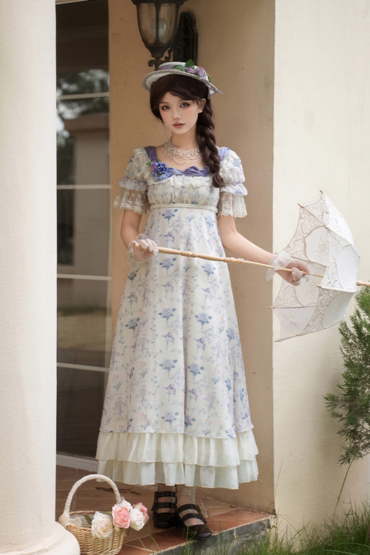 Ivory Purple Short Sleeve Double-Layered Ruffle Lace Bowknot Sweet Dress