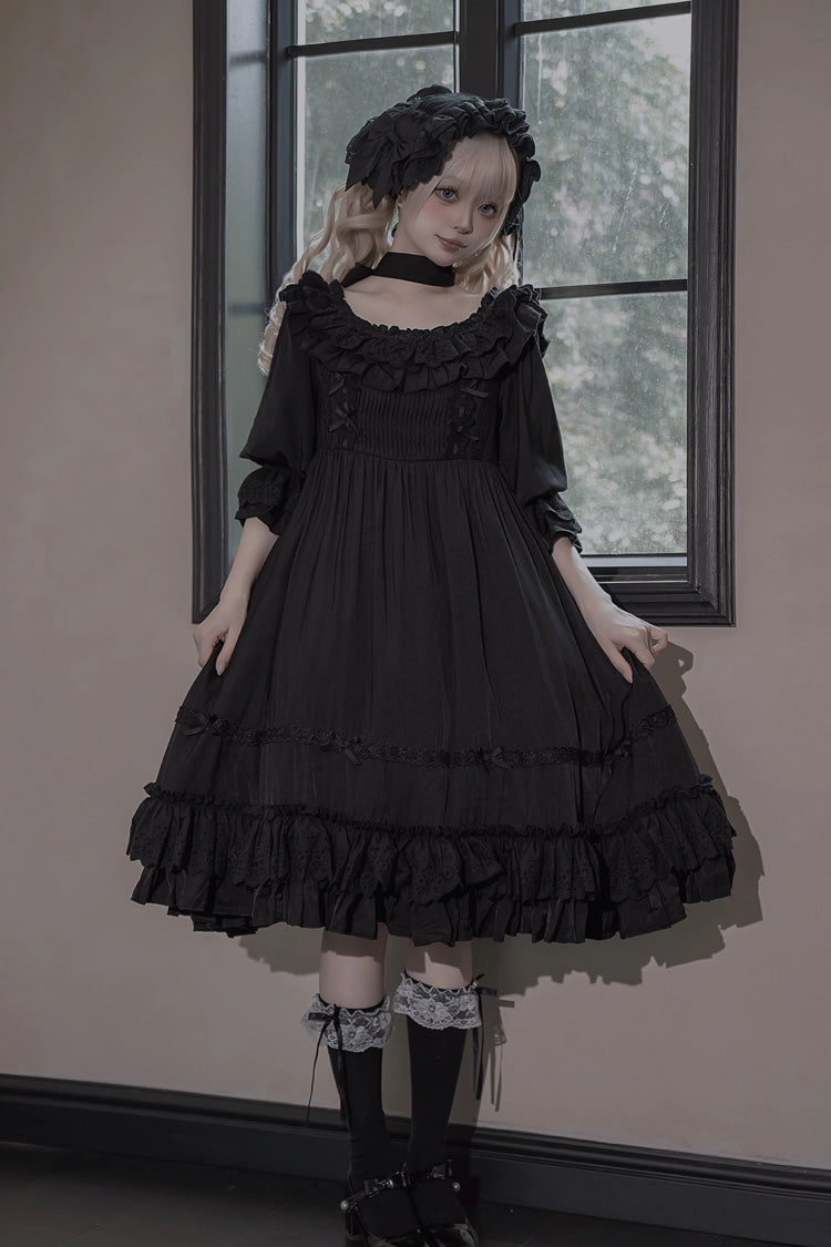 Good Morning Short Sleeve Ruffle Bow Lace-Up Gothic Dress in Black