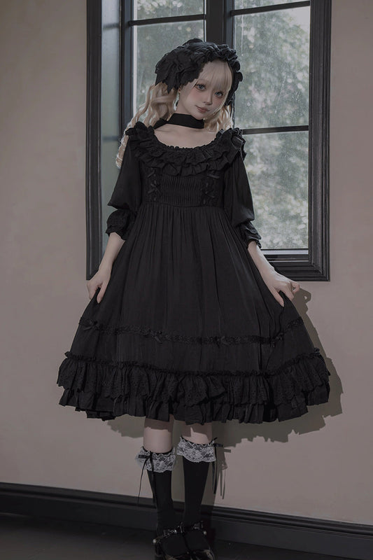 Good Morning Short Sleeve Ruffle Bow Lace-Up Gothic Dress in Black