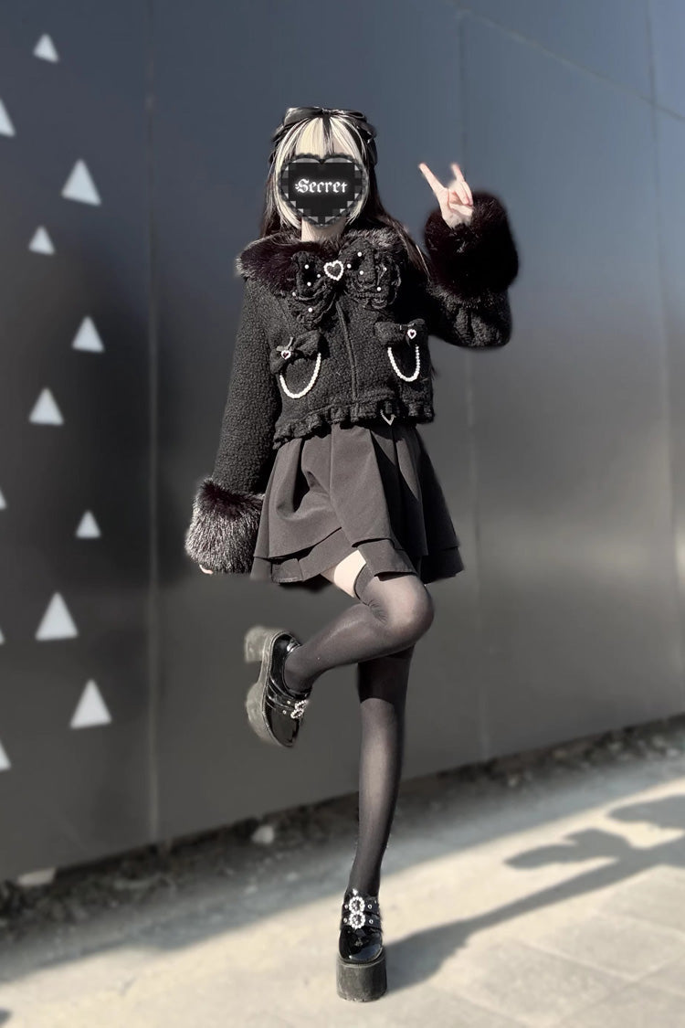 Black Bow-Trimmed Wool-Blend Gothic Jirai Kei Short Jacket