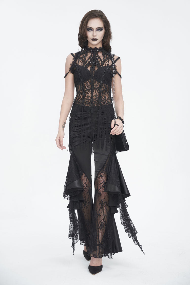 Onyx Crewneck Embroidered Lace Gothic Tee for Women