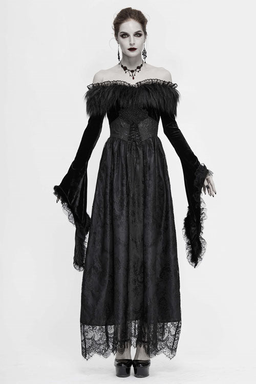 Formal Gothic Gown with Pleated Skirt and Fur Collar