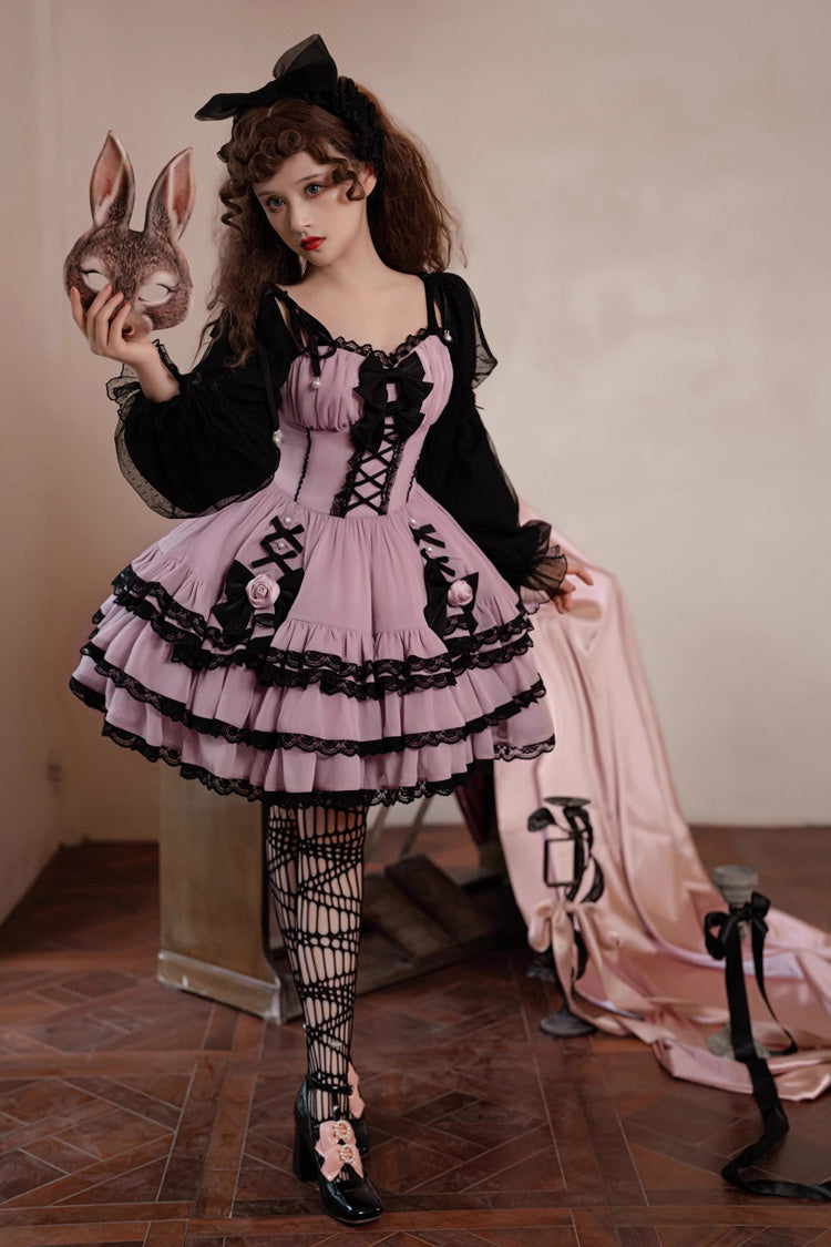 Purple Black Layered Ruffled Bow Sweet Lolita Long Sleeve Dress