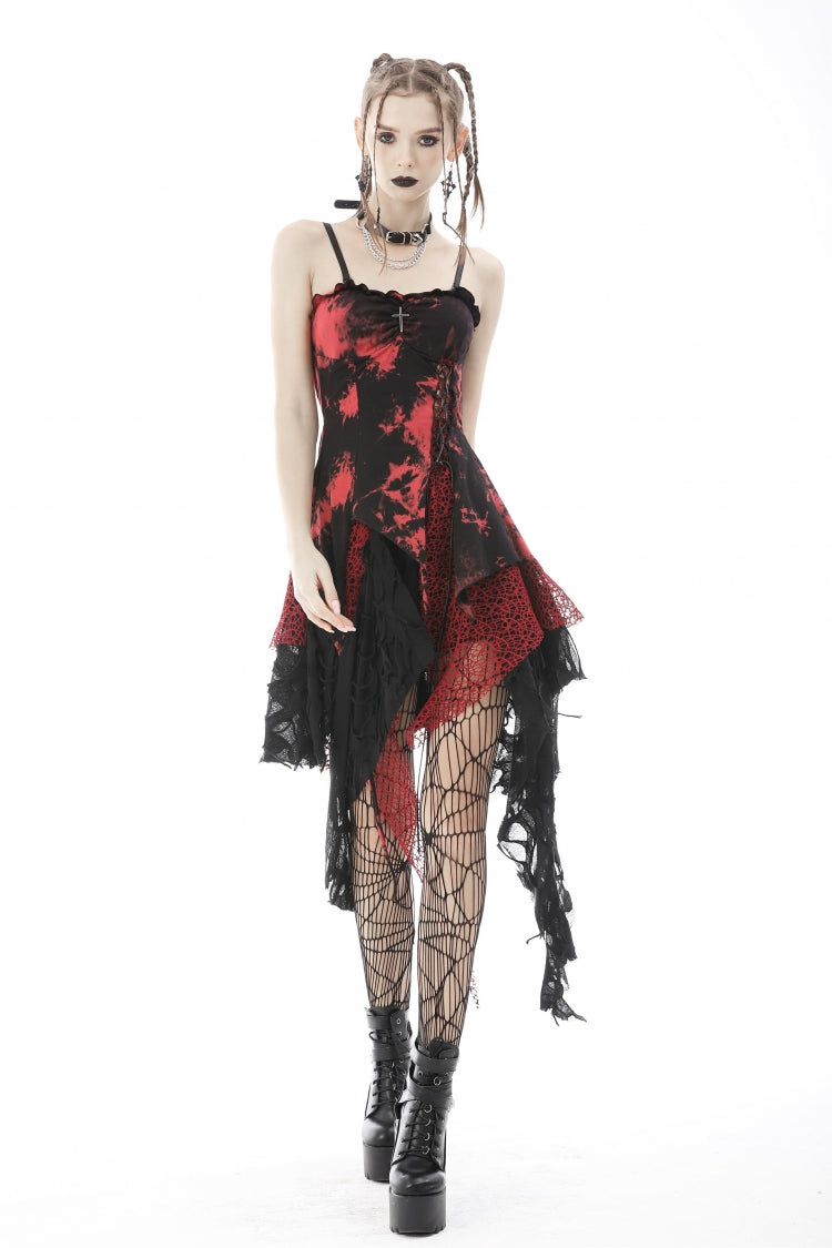 Crimson & Noir Tie-Dye Patchwork Punk Slip Dress with Irregular Hem