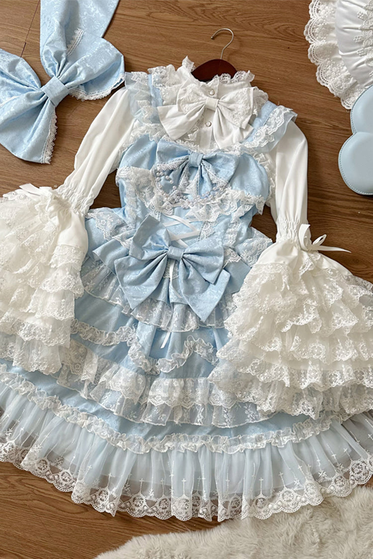 Blue Love and Heart Flutter Sleeveless Multi-Layered Ruffle Bowknot Lace Pearl Sweet Lolita Jsk Dress