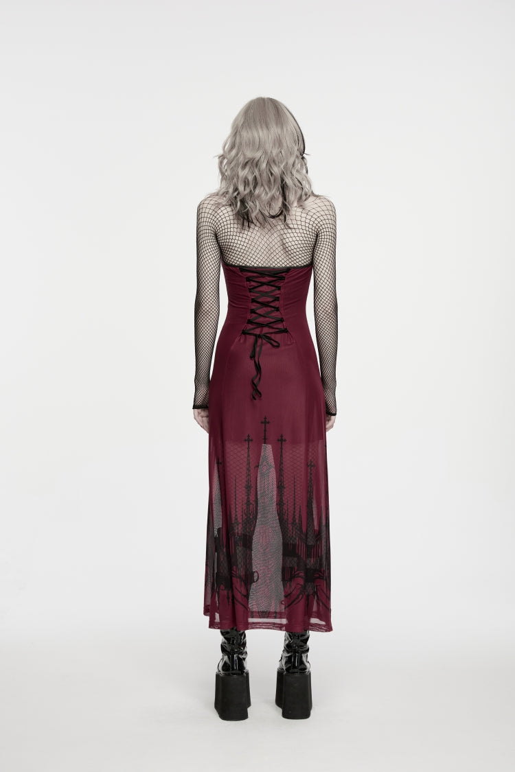 Red Halterneck Sleeveless Double-Layer Church Skull Printed Lace-Up Slim Gothic Dress