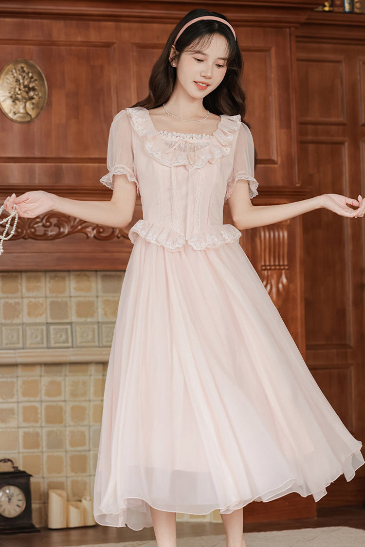 Blush Pink Square-Neck Puffed-Sleeve Embroidered Lace French Sweet Jumper Dress