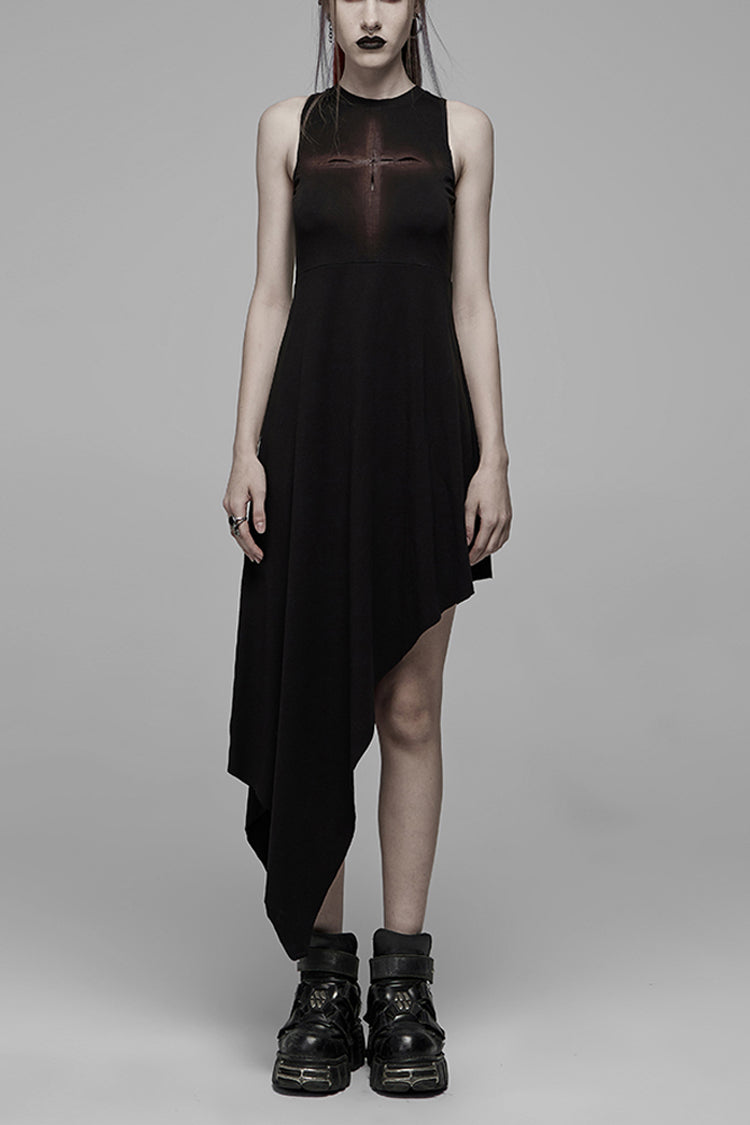 Hollowed Out Cross Spray-Painted Asymmetric Hem Sleeveless Gothic Dress