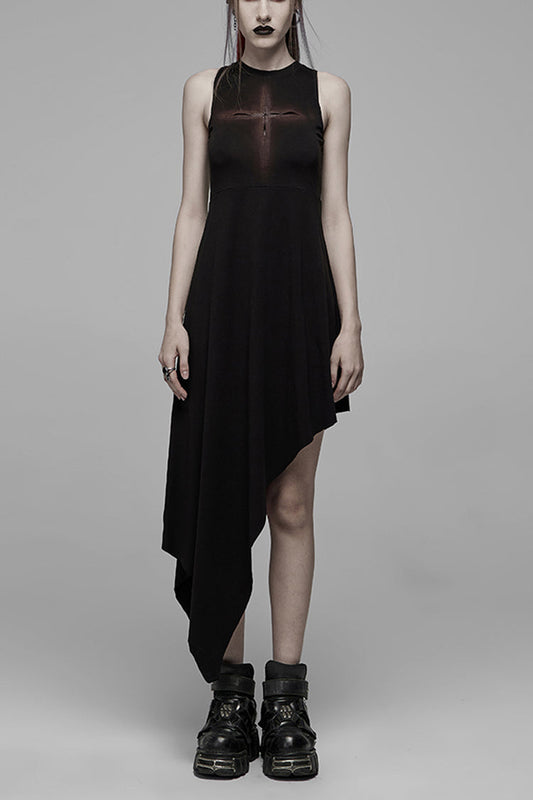 Hollowed Out Cross Spray-Painted Asymmetric Hem Sleeveless Gothic Dress