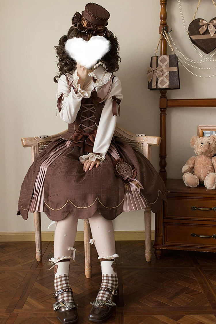 Brown Printed Embroidered Bow Lace-Up Classic JSK Dress & Skirt - Teddy Chocolate Bar