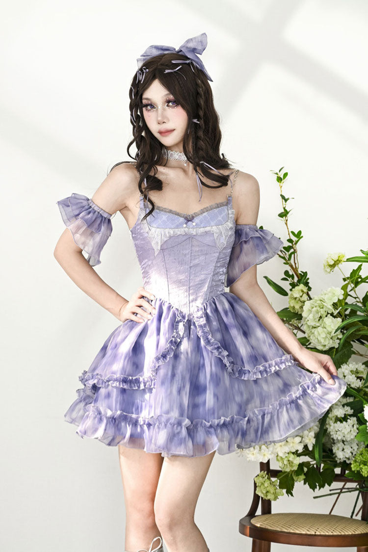 Teal Tie-Dyed Print Two-Piece Sweet Princess Jumper Dress with Lace