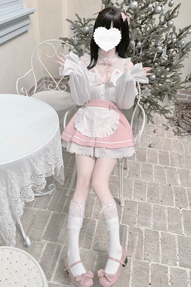 Pale Pink & White Off-Shoulder Long-Sleeve Ruffled Bow Lace Jirai Kei Skirt