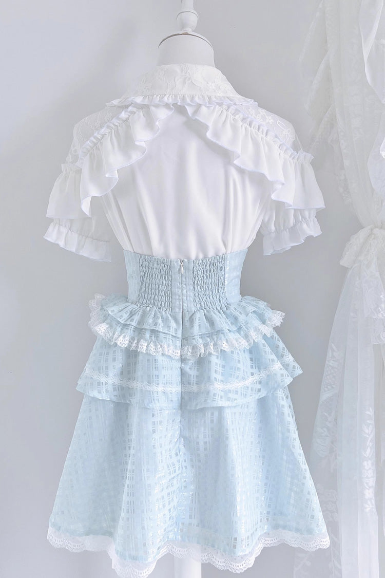 White/Blue Short Sleeve Double-Layered Ruffle Hollow Bowknot Lace-Up Jirai Kei Japanese Mini Set