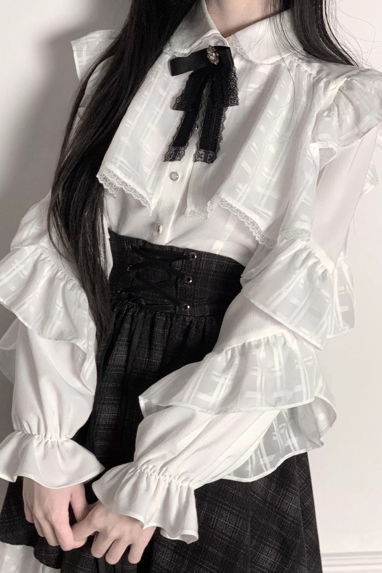 Black/White Long Sleeves Plaid Printed Lace Lace-Up Sweet Jirai Kei Skirt Set