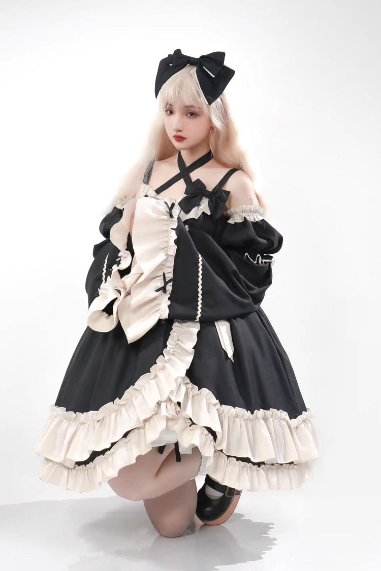Sleeveless High Waist Ruffle Bow Asymmetric Gothic Lolita Jumper Dress - Black