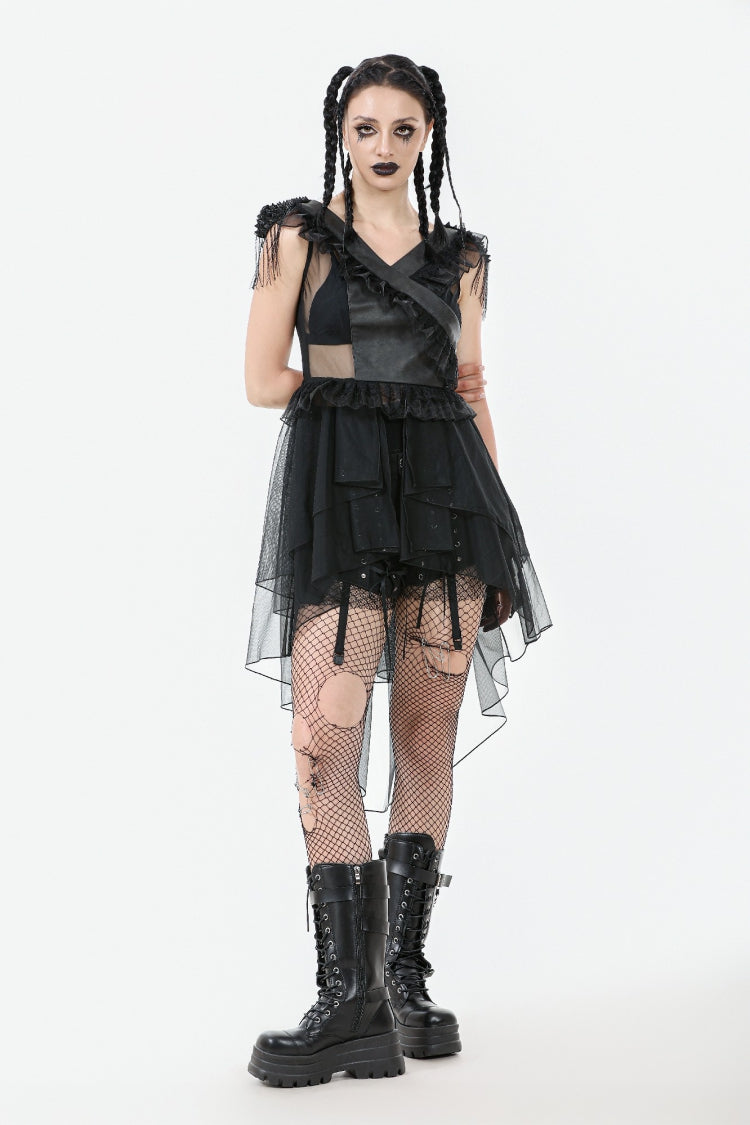 Layered Ruffled Sheer Mesh Punk Dress with V-Neck
