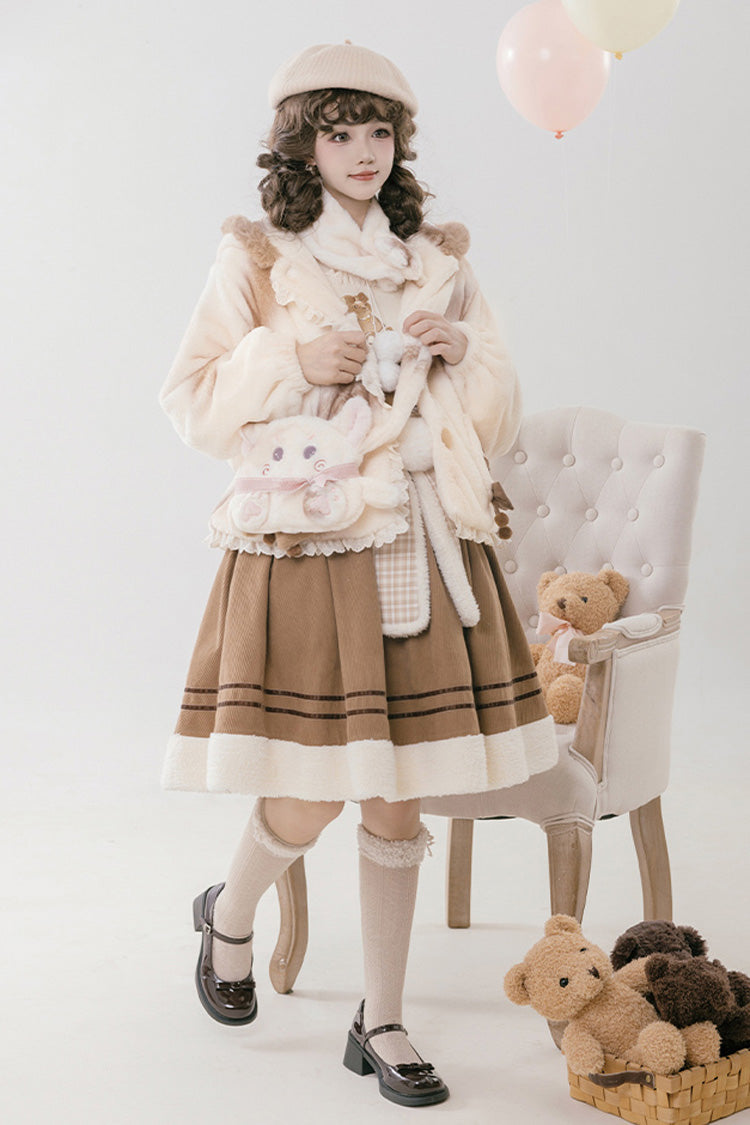 Cream Mocha Bear Print Hooded Bow Sweet Lolita Coat
