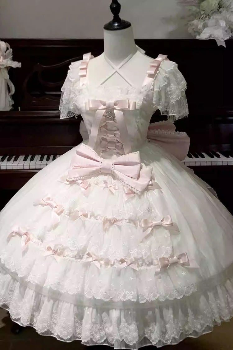 Ivory and Pink Snow of Love Ruffled Hanayome Open-Front Bow Lace Sweet Princess Lolita Dress