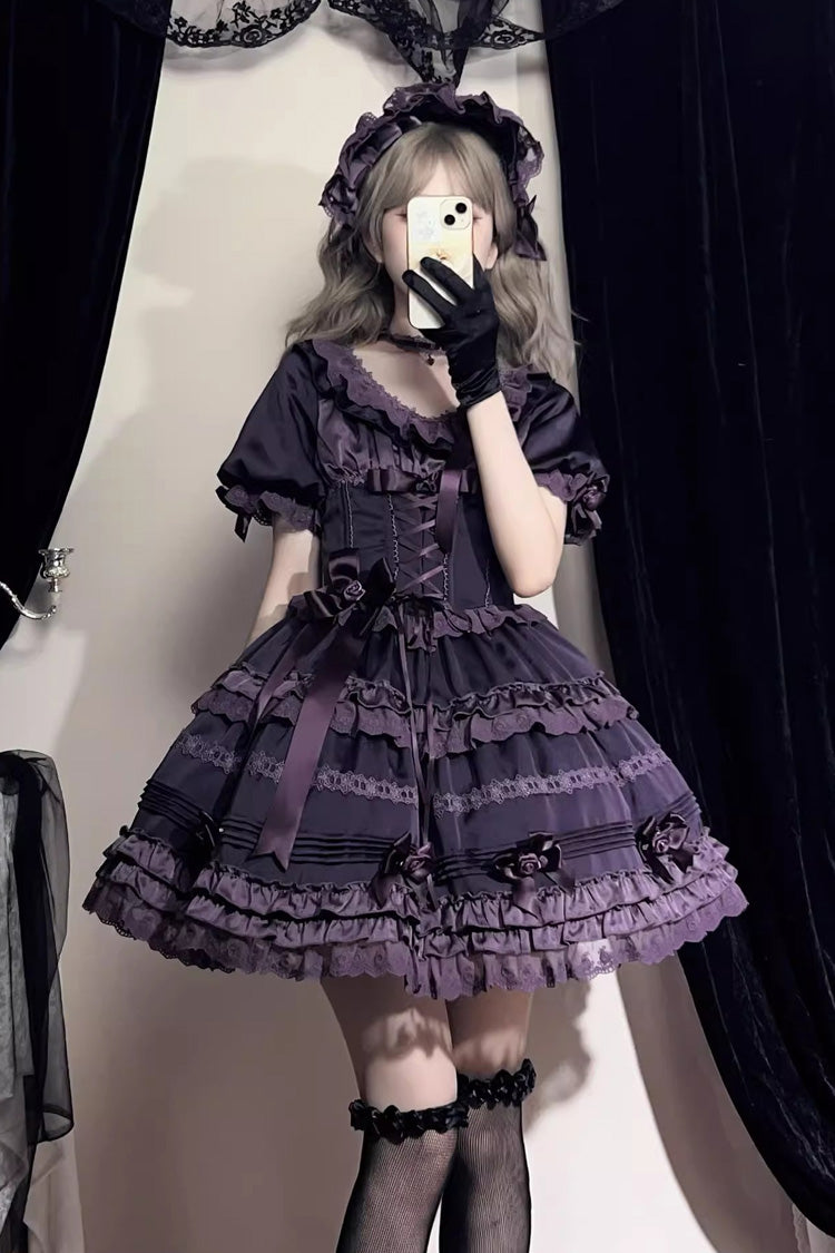 Violet Layered Blackcurrant Short Sleeve Ruffled Bow Lace Lolita Dress
