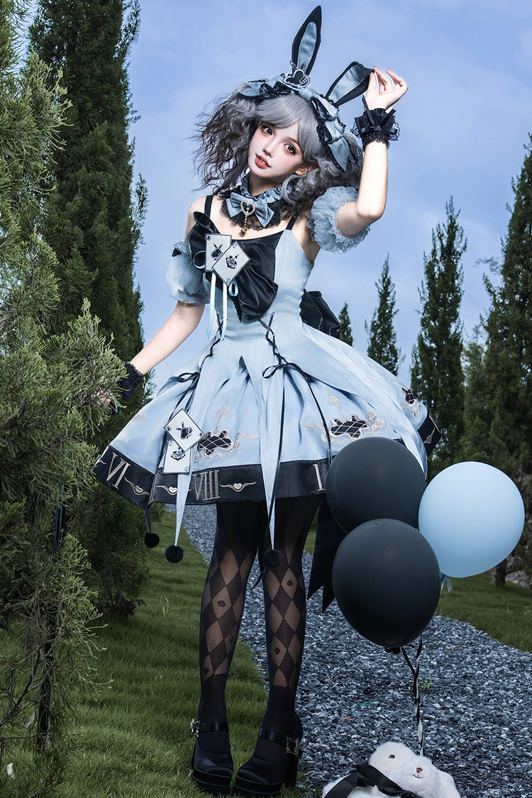 Blue Sleeveless Gothic Lolita JSK Dress Jacquard Ruffled Lace-Up - The Clock Rabbit's Card Game