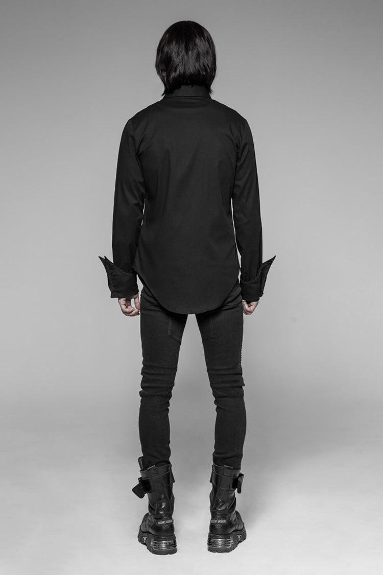 Jet-Black Gothic Shirt with Metal Buckle Trim and Sharp Hem for Men