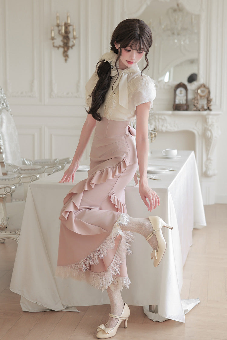 Blush & White Round Collar Short-Sleeve Ruffled Bow Lace Color-Blocked Boned Sweet Lolita Dress