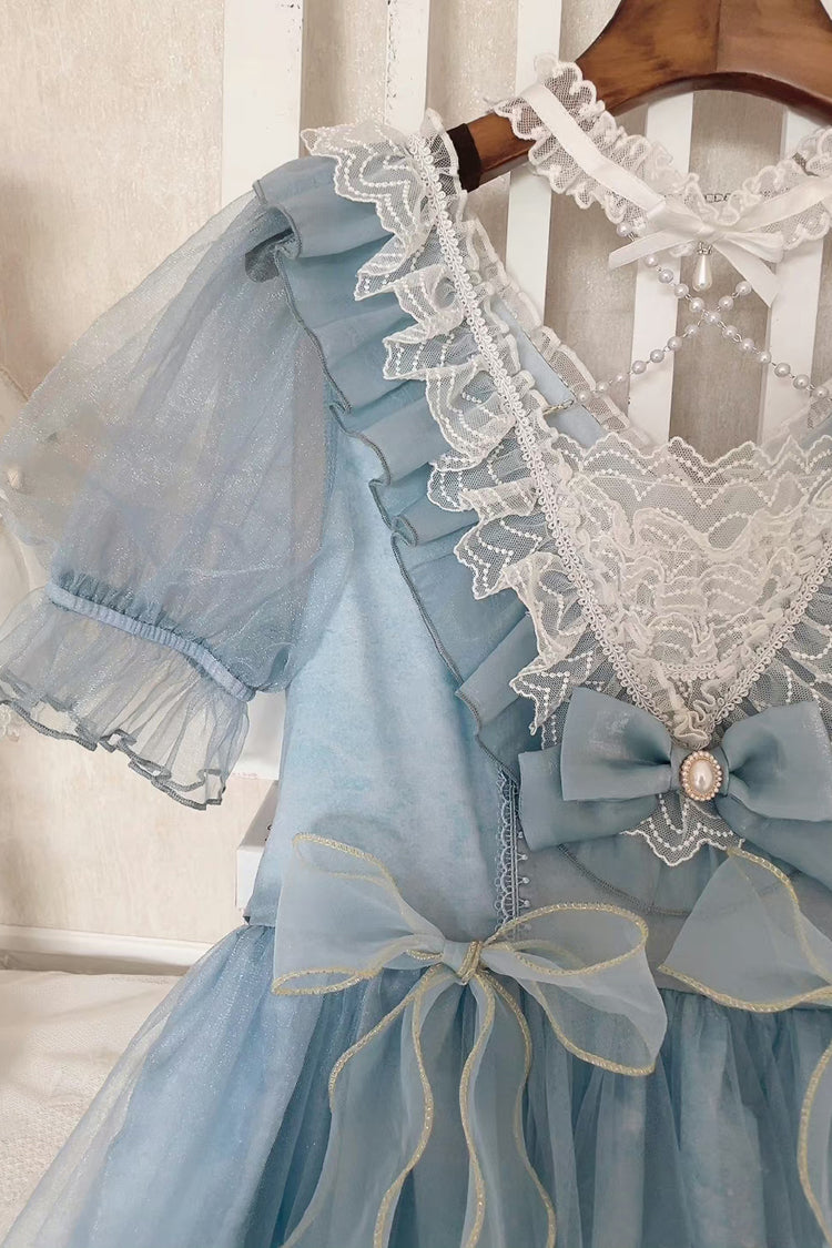 Blue Planet Butterfly Printed Ruffled Sweet Lolita Dress - High-Waisted