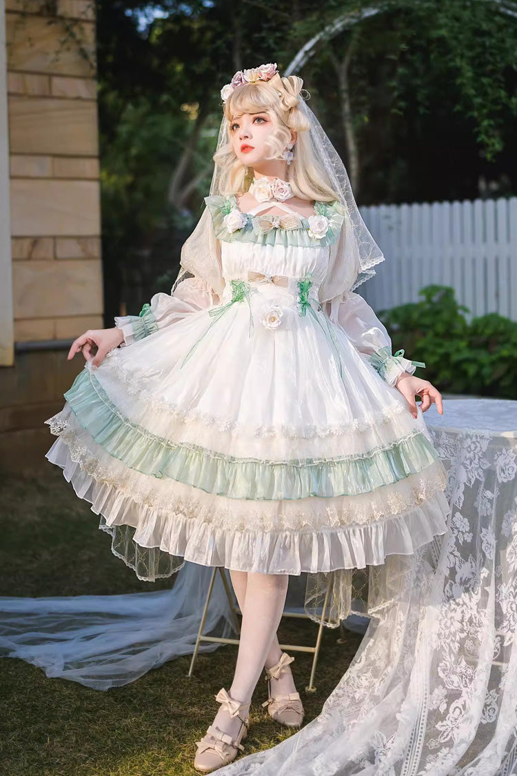 Long Sleeve Multi-Layer Ruffle Bow Lace Lace-Up Sweet Princess Lolita Dress - Green