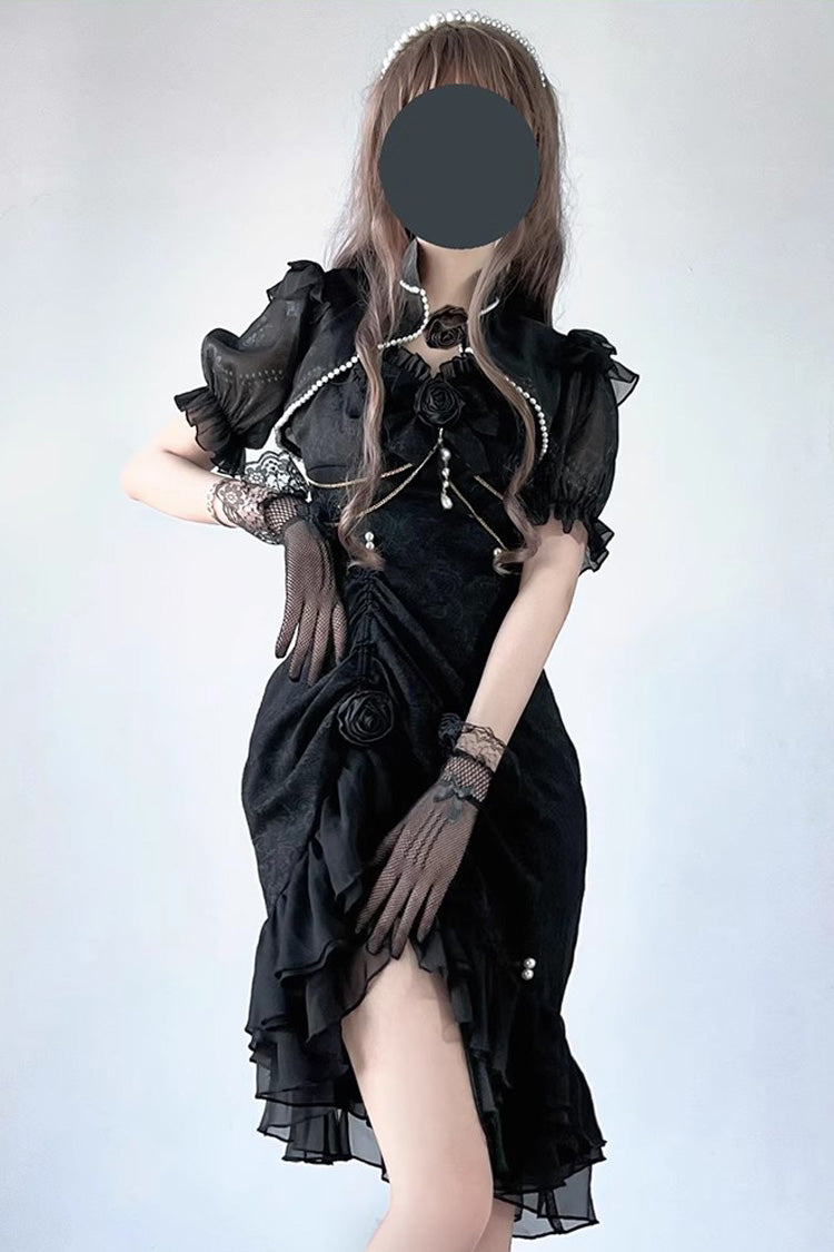 Asymmetric Jacquard Lace Fishtail JSK in Black