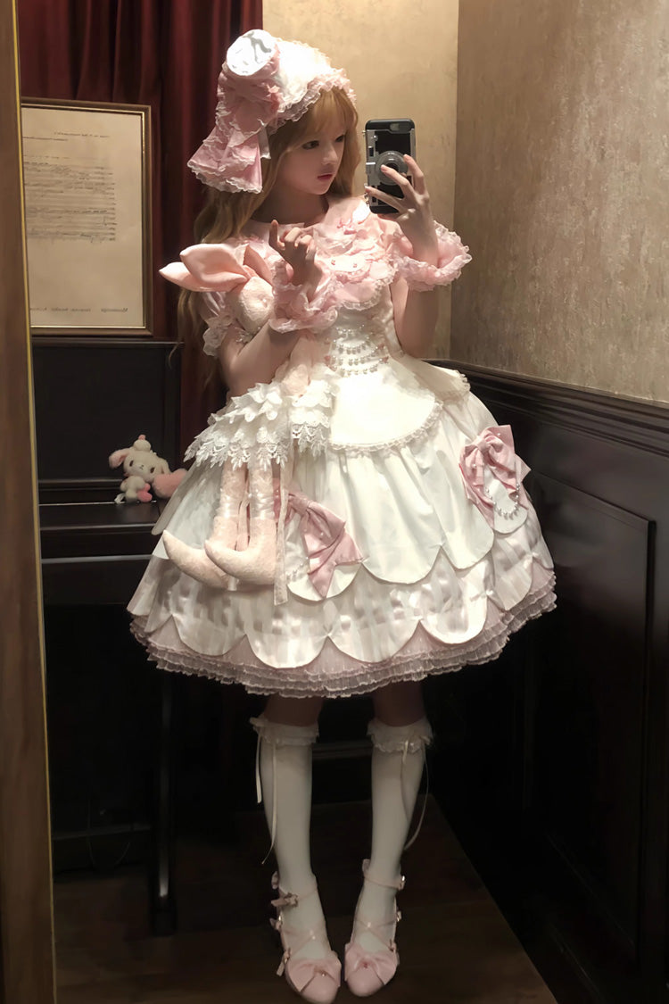 Pale Pink & White Sleeveless Multi-Layer Ruffled Bow Lace Pearl Sweet Lolita JSK
