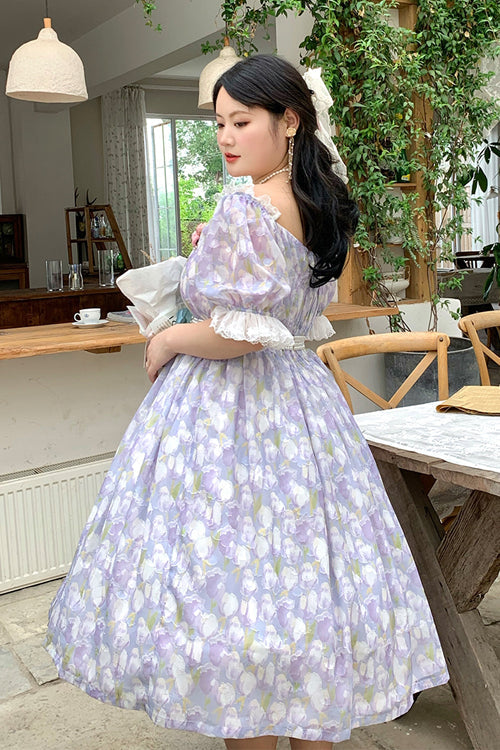 Boat Neck Ruffled Short Sleeves Plus-Size Floral Print High-Waist Girly Lolita OP Gown