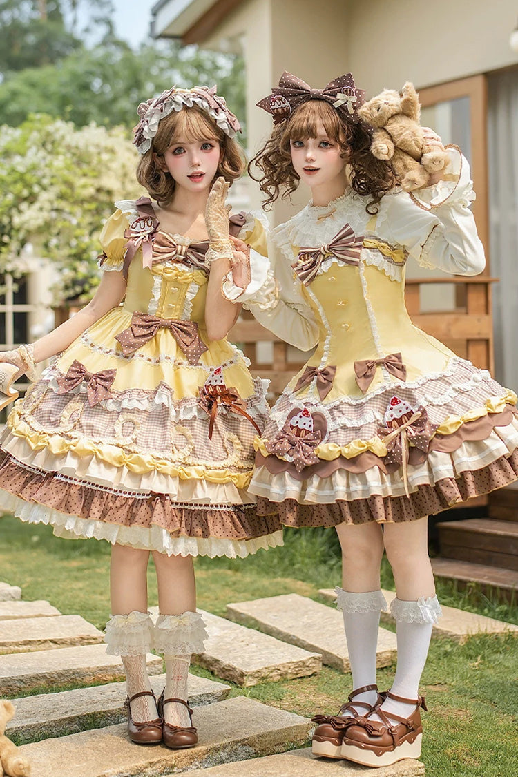 Polka Dot Cake Multi-Layered Printed Ruffled Bow Sweet Lolita JSK - Yellow/Brown