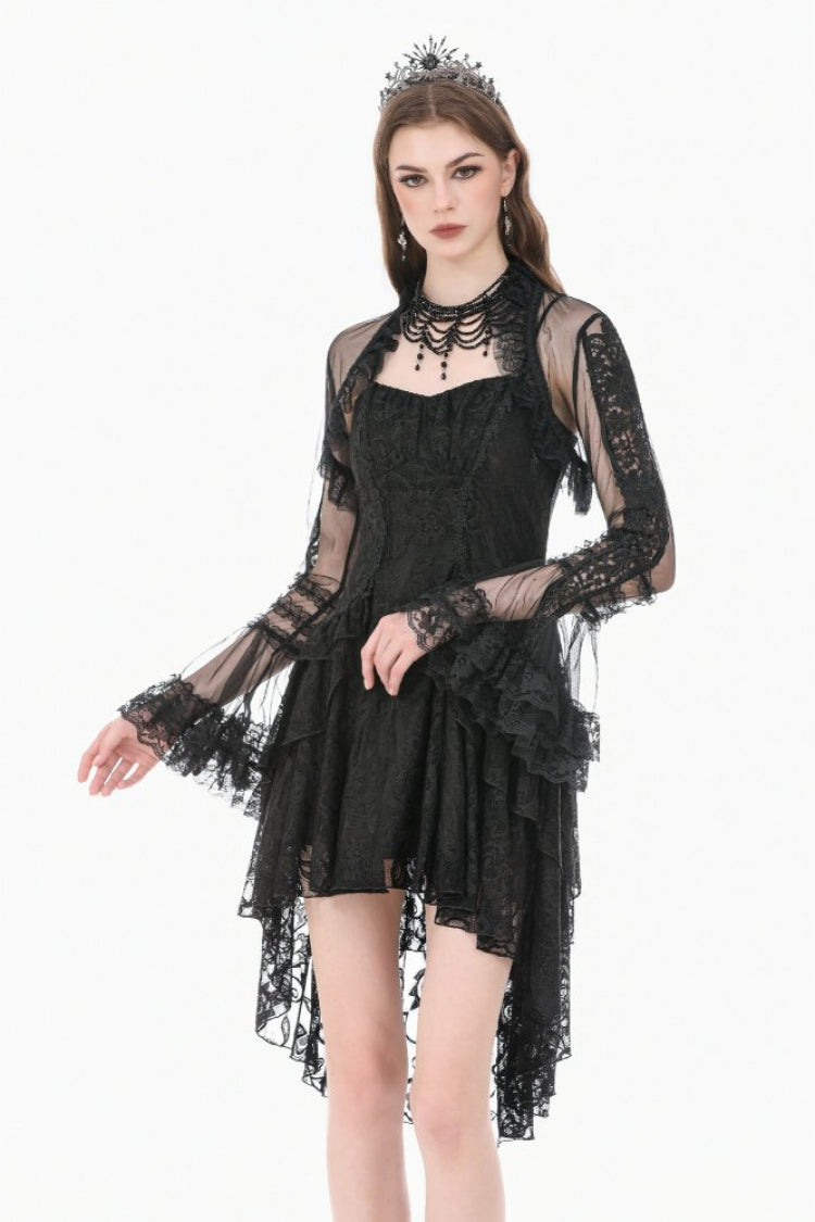 Gothic Sheer Mesh Black Lace High-Collar Flared Long-Sleeve Dramatic Cape