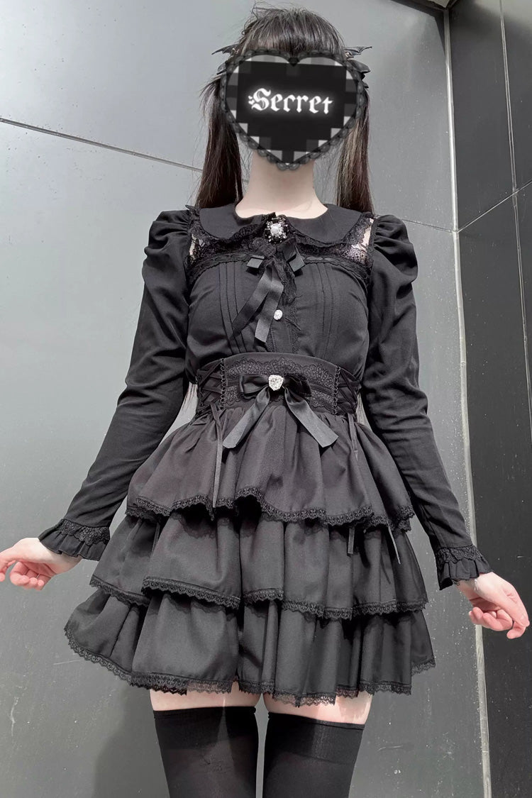 Doll Collar Triple Layered Ruffled Bow Lace Jirai Skirt and Blouse Set in Two Colors