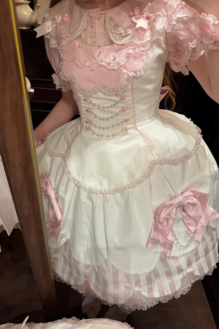 Pale Pink & White Sleeveless Multi-Layer Ruffled Bow Lace Pearl Sweet Lolita JSK