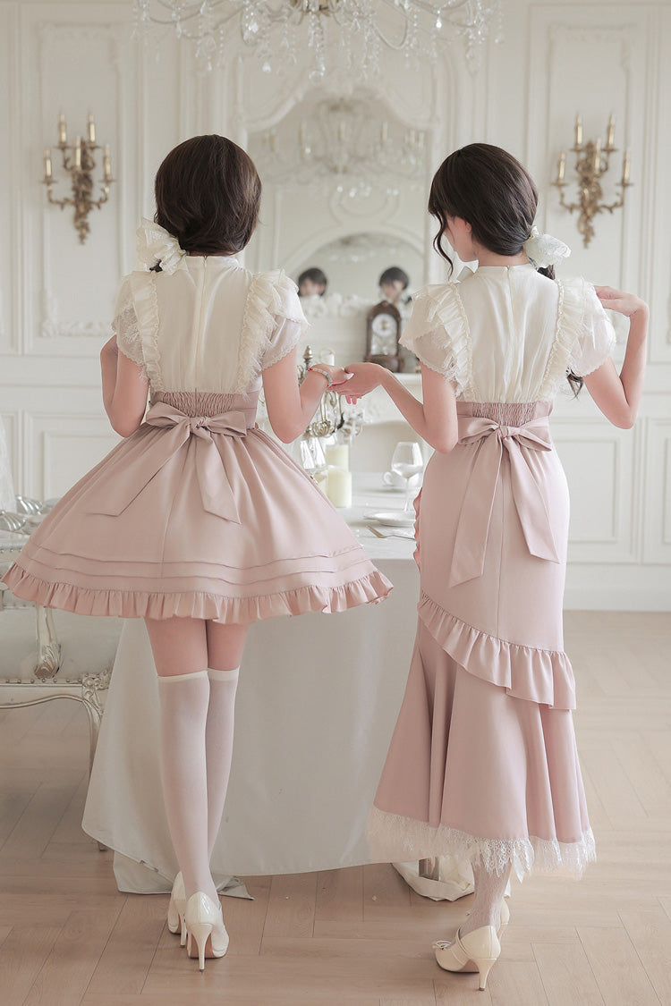 Blush & White Round Collar Short-Sleeve Ruffled Bow Lace Color-Blocked Boned Sweet Lolita Dress