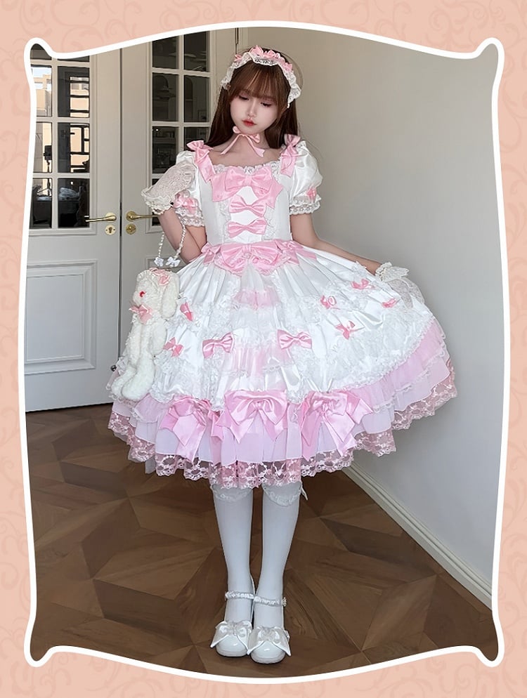 with Sweet Accents High Sleeves White Pink Waist Dress Princess Detachable Bow Lolita