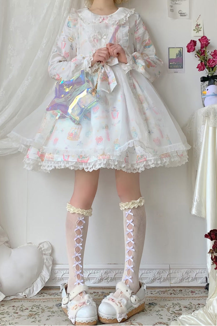 White Apricot Long Sleeve Print Bow Lace Sweet Plus Size Lolita Dress