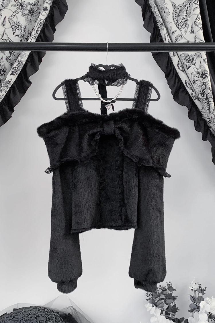Fleece Lined Off Shoulder Lace Jirai Top with Long Sleeves in Three Shades