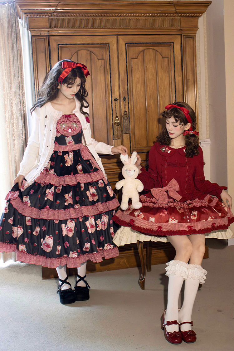 Blush Pink & White Berry Farm Print Long-Sleeve Layered Ruffled Sweet Lolita Gown