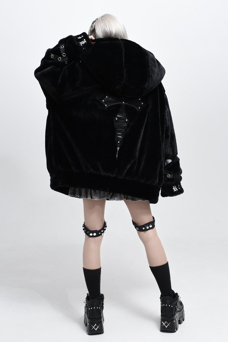 Hooded Punk Jirai Coat with Cross Leather Buckles in Two Tones